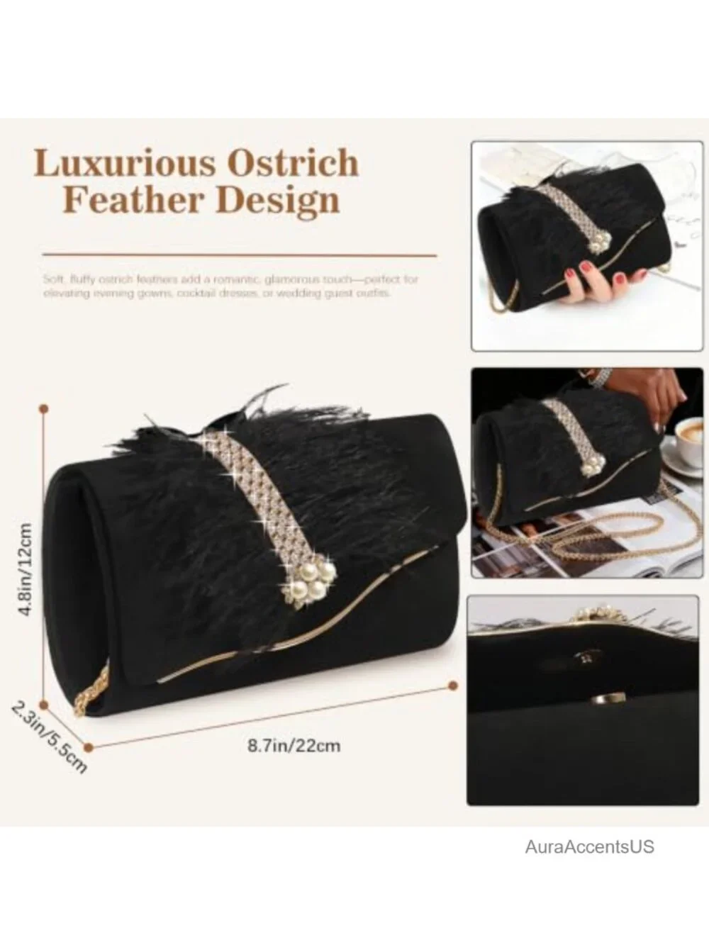 Faux Suede Envelope Clutch with Rhinestone Pearl Feather Crossbody Chain,